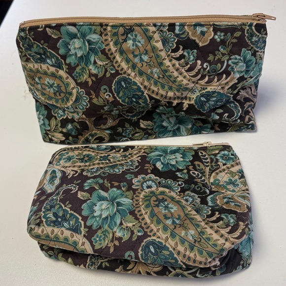 Hand Crafted Floral Cosmetic Bag Set - Teal and Brown - Picture 2 of 4